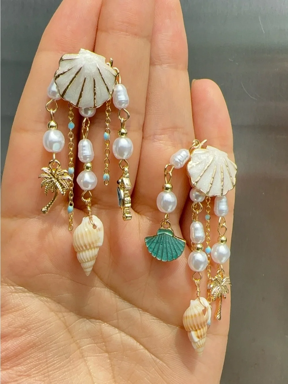 Seashell Drop Earrings with Pearls and Turquoise Accents